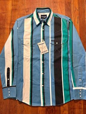 Vintage ‘90s Wrangler Brushpopper Pearl Snap Multicolor Button Down Shirt M NWT